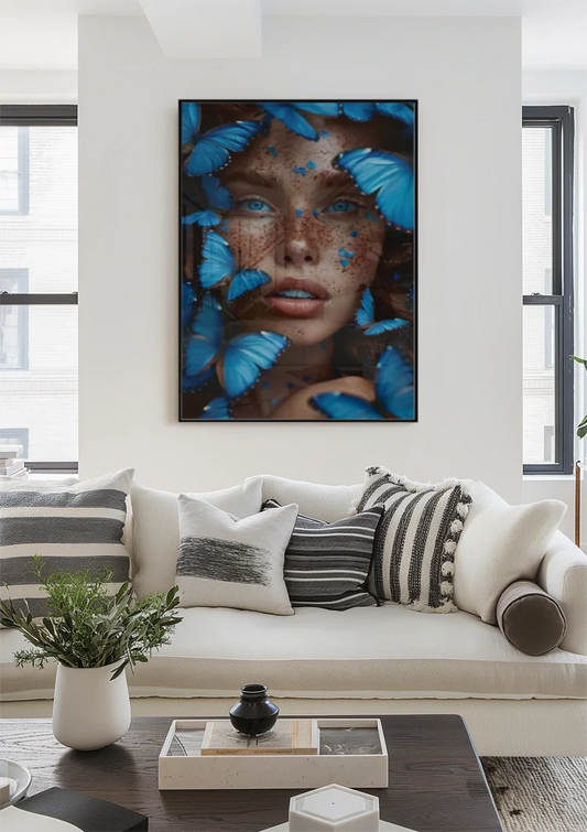 De vrouw met blauwe vlinders canvas schilderij aan de muur in de hal