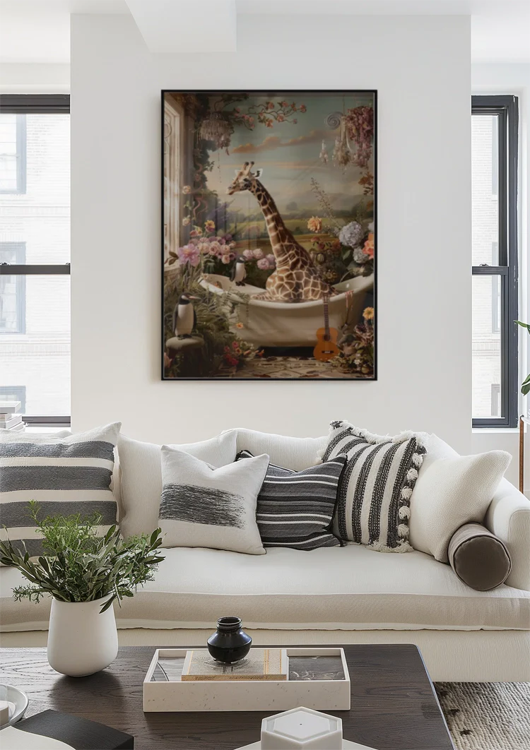 Giraf In Bad Kleurrijke Bloemen Surrealistisch Dromerig Schilderij