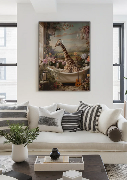 Giraf In Bad Kleurrijke Bloemen Surrealistisch Dromerig Schilderij
