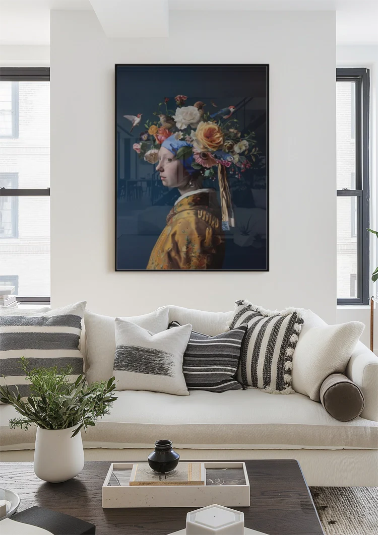 Girl with a Pearl Floral Crown Colorful Flowers Modern Baroque Painting