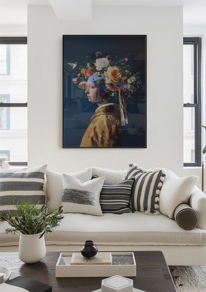 Girl with a Pearl Floral Crown Colorful Flowers Modern Baroque Painting