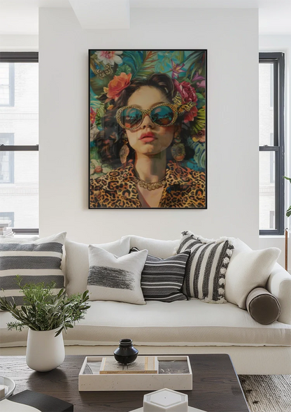Stilvolle Frau Schmetterlingsbrille Leopardenmuster Tropische Blumen Glamouröses Gemälde