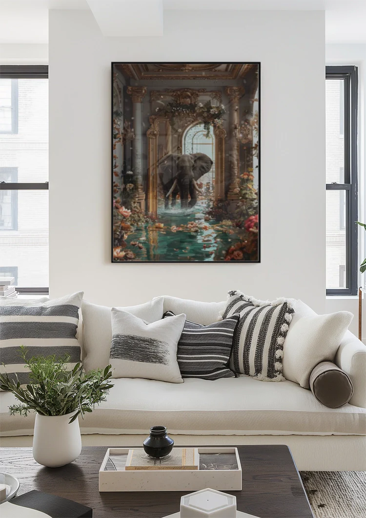 Olifant Fantasie Barokke Zaal Gouden Ornament Bloemen Water Surrealistisch Schilderij