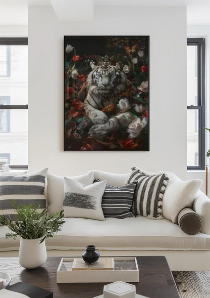 Witte Tijger Kroon Kleurrijke Bloemen Vlinders Donkere Achtergrond Fantasie Schilderij
