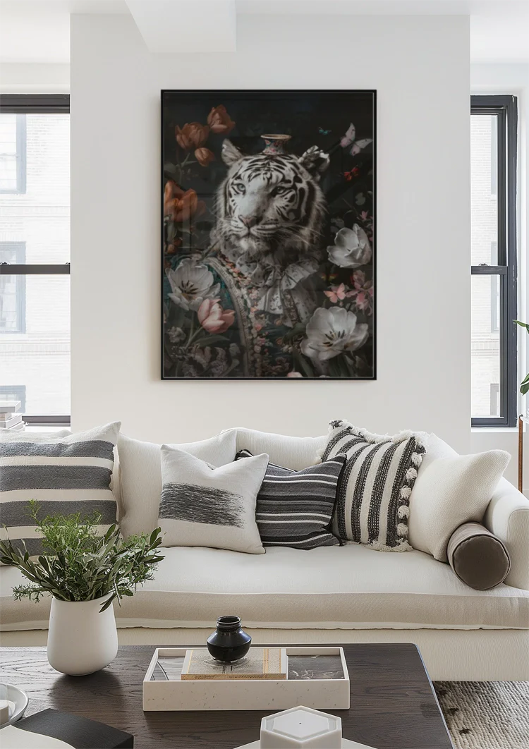 Witte Tijger Barok Kostuum Bloemen Vlinders Vaas Elegant Portret Schilderij