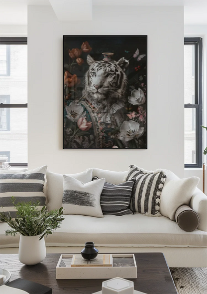 Witte Tijger Barok Kostuum Bloemen Vlinders Vaas Elegant Portret Schilderij