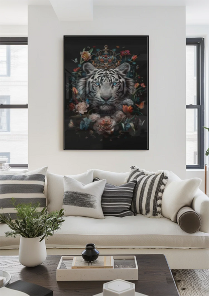 Witte Tijger Blauwe Ogen Bloemenkroon Donkere Achtergrond Majestueus Schilderij