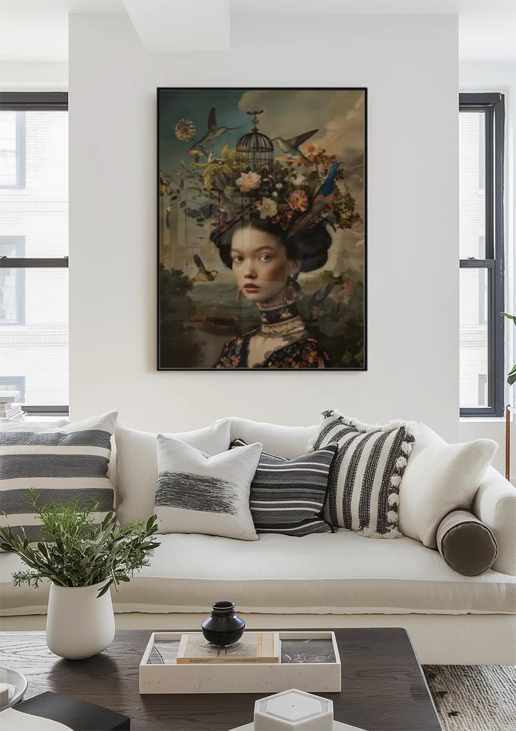 Vrouw Bloemen Vogels Donker Barok Portret Schilderij