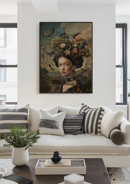 Vrouw Bloemen Vogels Donker Barok Portret Schilderij