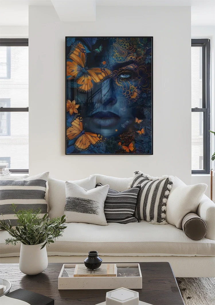 Woman Blue Skin Orange Butterflies Golden Ornament Mystical Painting