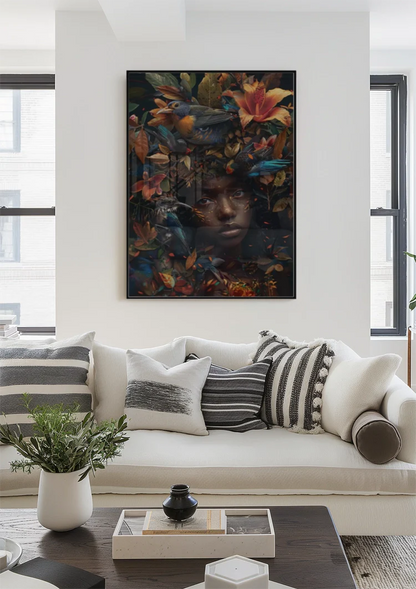 Vrouw Tropische Vogels Kleurrijke Bloemen Natuur Portret Schilderij