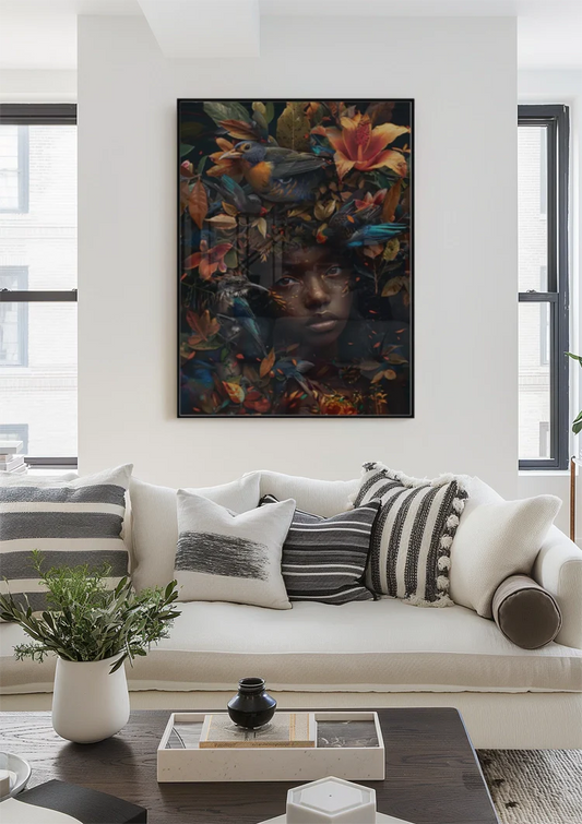 Vrouw met tropische vogels en bloemen canvas schilderij aan de muur in de hal