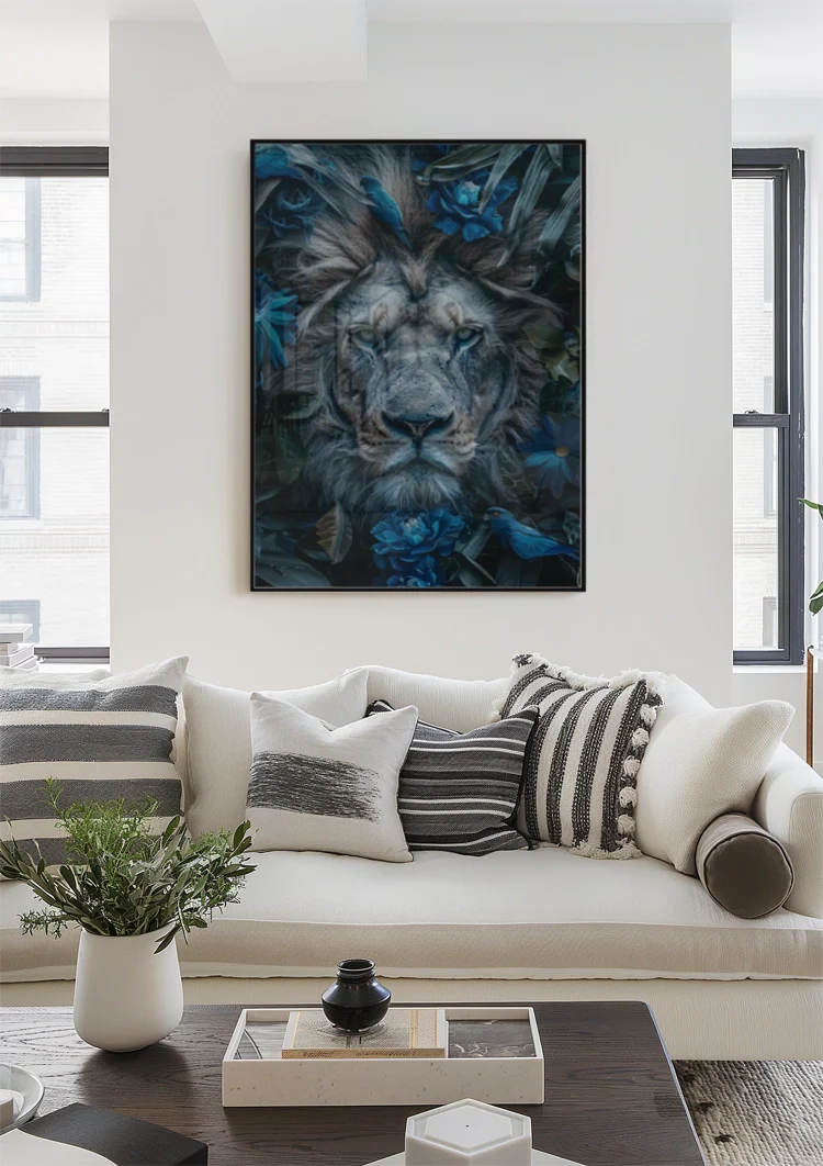 Majestueuze Leeuw Blauwe Bloemen Natuur Portret Schilderij