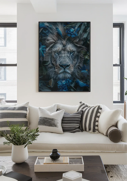 Majestueuze Leeuw Blauwe Bloemen Natuur Portret Schilderij