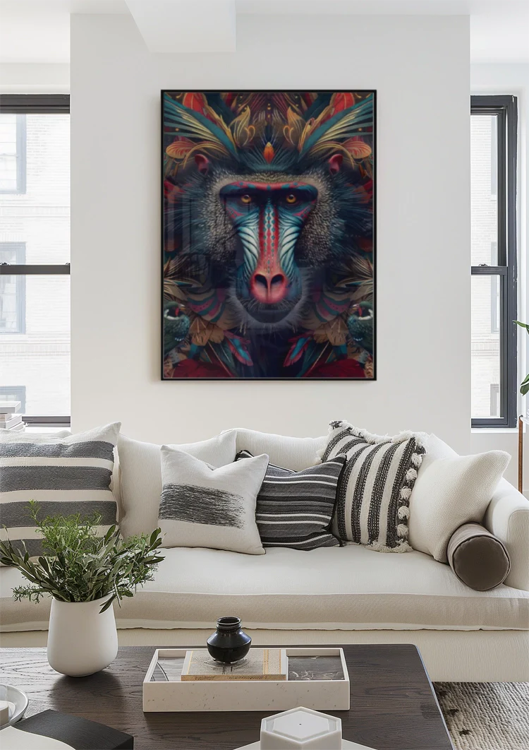 Kleurrijke Mandril Blauw Rood Gezicht Patroon Exotisch Portret Schilderij