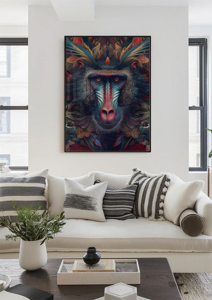 Kleurrijke Mandril Blauw Rood Gezicht Patroon Exotisch Portret Schilderij