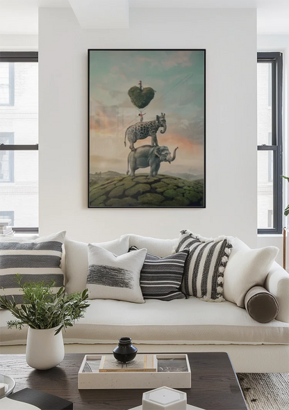 Surrealistisch Olifant Giraf Hartboom Dromerige Stapel Schilderij