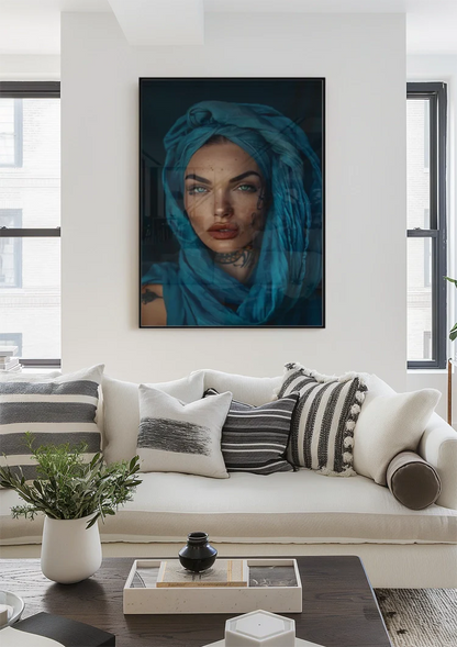 Orientalische Frau Blaue Augen Türkiser Hijab Mysteriöses Porträt Gemälde
