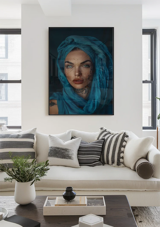 Vrouw met turquoise hoofddoek canvas schilderij aan de muur boven het bed in de slaapkamer