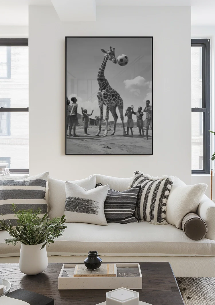 Giraffe Fußball Kinder Spielerisch Schwarz Weiß Lustiges Gemälde