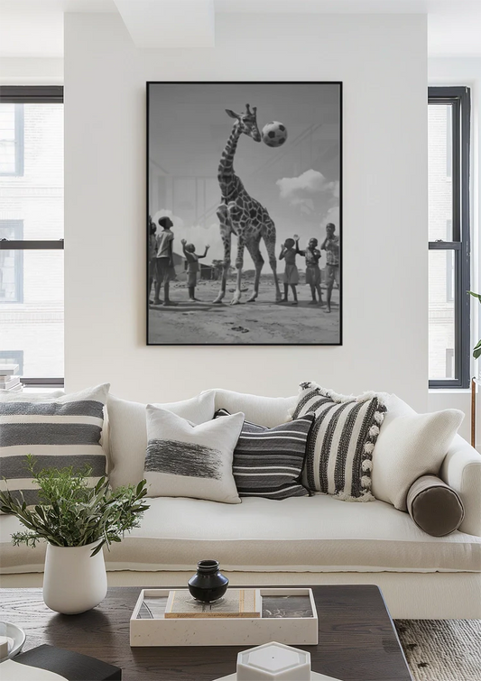 Giraf met kinderen canvas schilderij aan de muur boven het bed in de slaapkamer