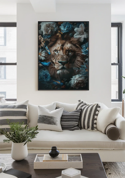 Leeuw Blauwe Bloemen Vlinders Kleurrijk Savanne Portret Schilderij