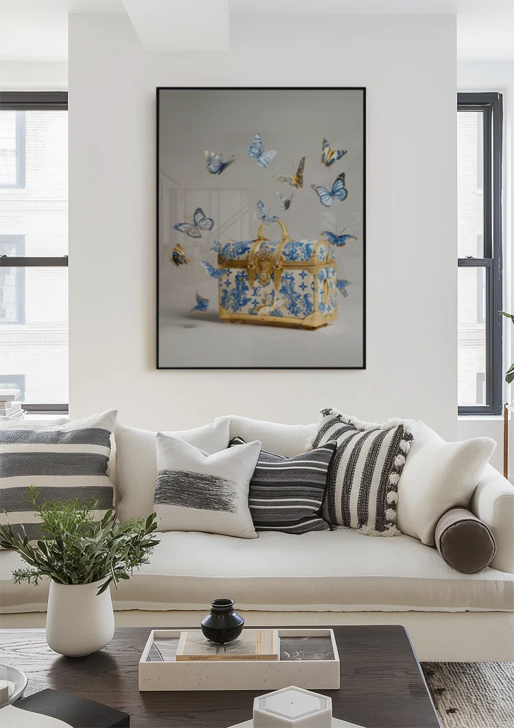 Louis Vuitton Gold Suitcase Blue Flowers Butterflies Luxury Painting