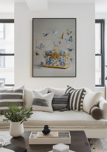 Louis Vuitton Gold Suitcase Blue Flowers Butterflies Luxury Painting