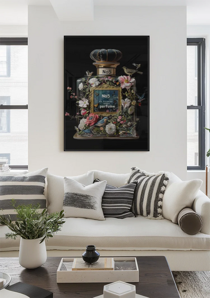 Parfumfles Bloemen Vogels Zwarte Achtergrond Schilderij