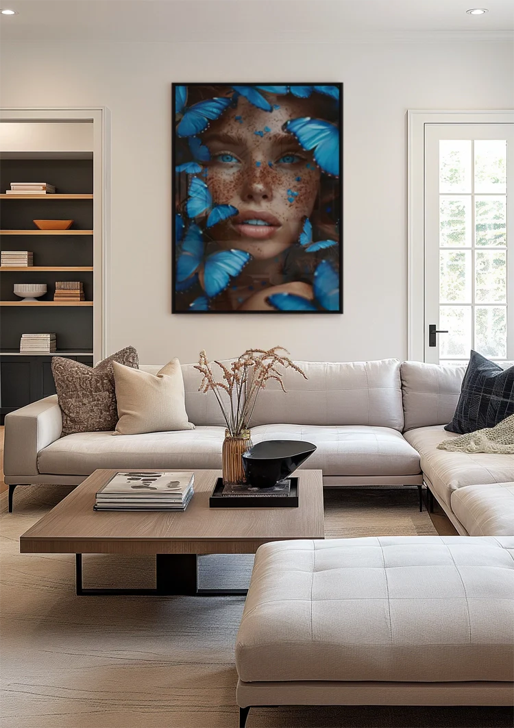 Female Portrait Surrounded by Blue Butterflies Dramatic Colorful Painting