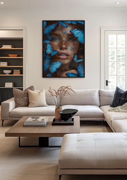 Female Portrait Surrounded by Blue Butterflies Dramatic Colorful Painting