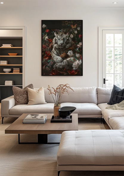 Witte Tijger Kroon Kleurrijke Bloemen Vlinders Donkere Achtergrond Fantasie Schilderij