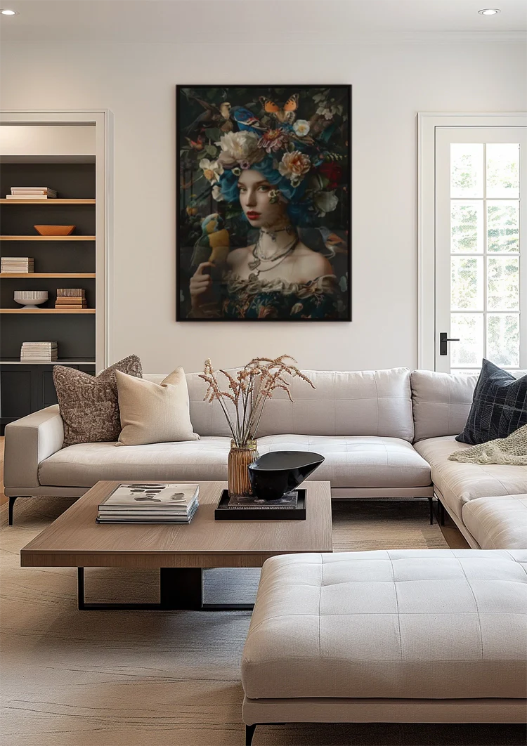 Frau Blaues Haar Blumenkranz Vögel Natur Porträt Gemälde