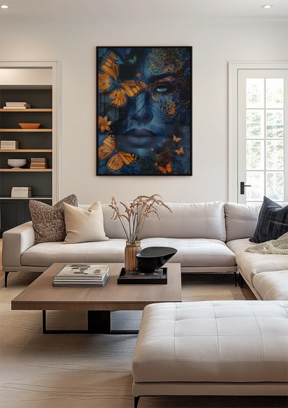 Woman Blue Skin Orange Butterflies Golden Ornament Mystical Painting