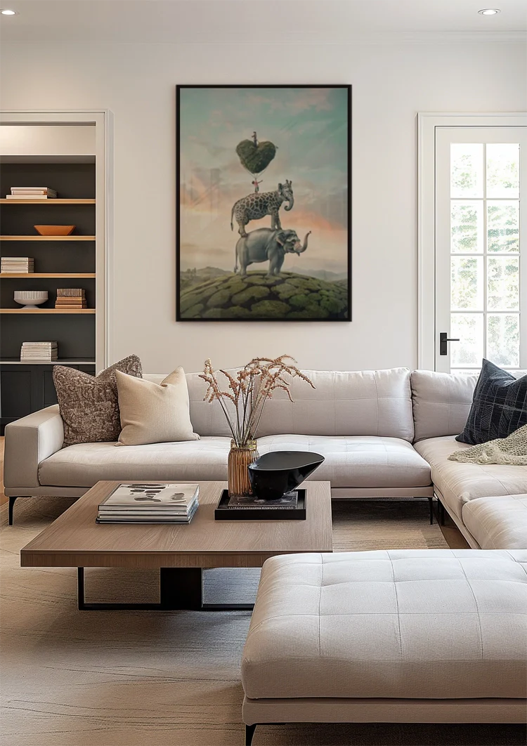 Surrealistisch Olifant Giraf Hartboom Dromerige Stapel Schilderij