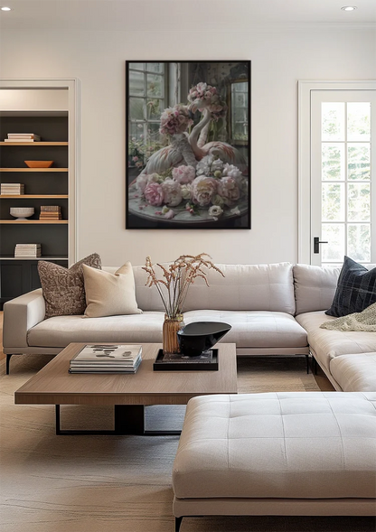 Flamingo und Rosa Blüten Vintage Zimmer Romantisches Verträumtes Gemälde