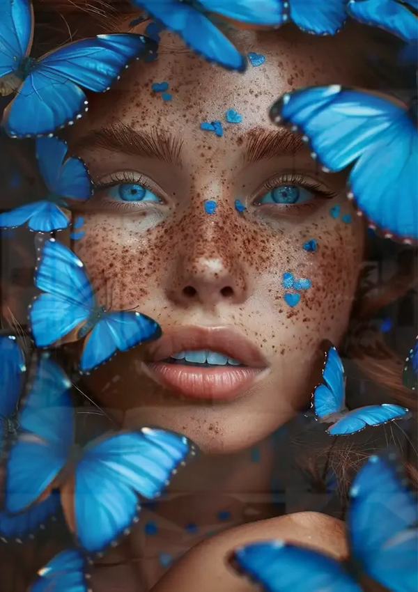 Female Portrait Surrounded by Blue Butterflies Dramatic Colorful Painting