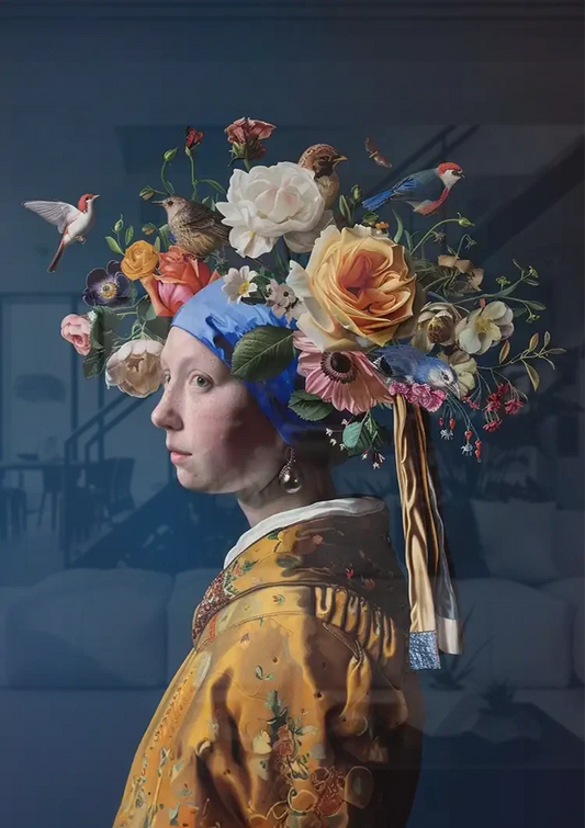 Het meisje met bloemenkroon canvas schilderij boven het bed in de slaapkamer