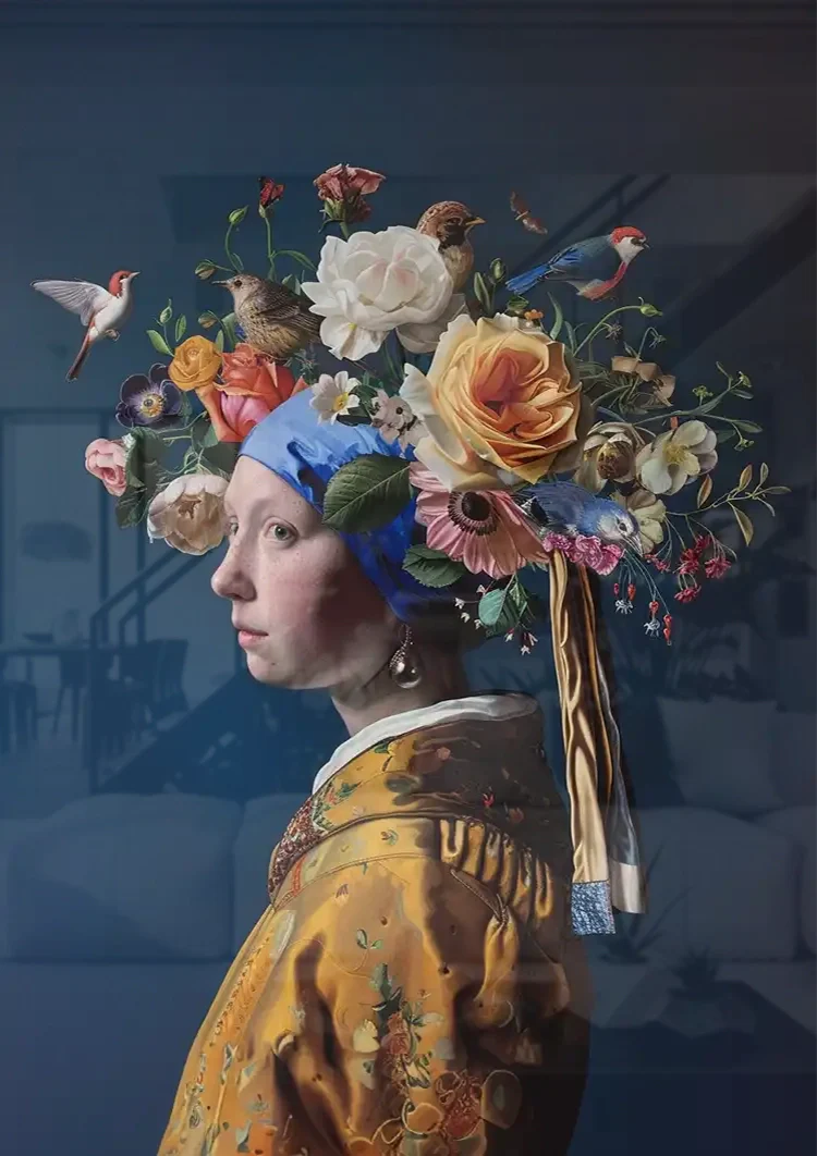 Girl with a Pearl Floral Crown Colorful Flowers Modern Baroque Painting