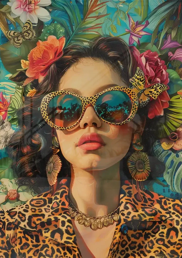 Stilvolle Frau Schmetterlingsbrille Leopardenmuster Tropische Blumen Glamouröses Gemälde