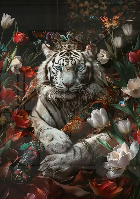 Witte tijger met juwelenkroon canvas schilderij aan de muur naast het bed in de slaapkamer
