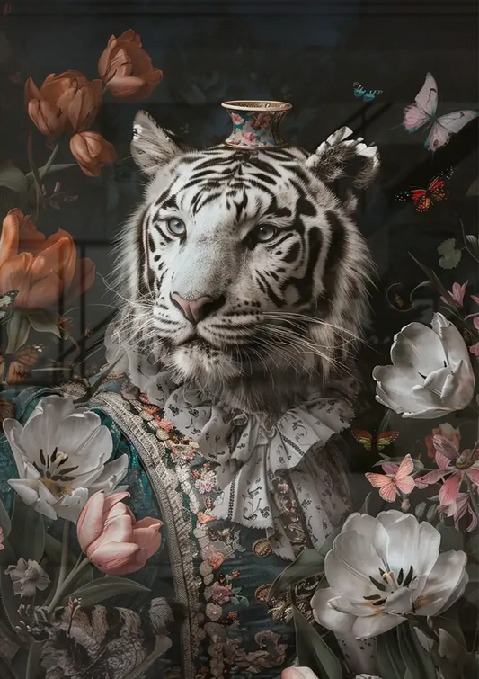 Witte tijger in kostuum canvas schilderij aan de muur boven het bed in de slaapkamer