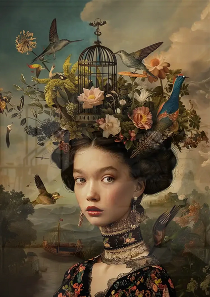 Vrouw Bloemen Vogels Donker Barok Portret Schilderij