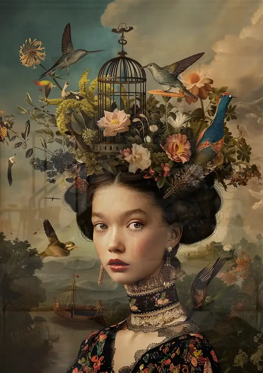 Vrouw met bloemen en vogels canvas schilderij aan de muur boven het bed in de slaapkamer