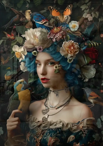 Frau Blaues Haar Blumenkranz Vögel Natur Porträt Gemälde