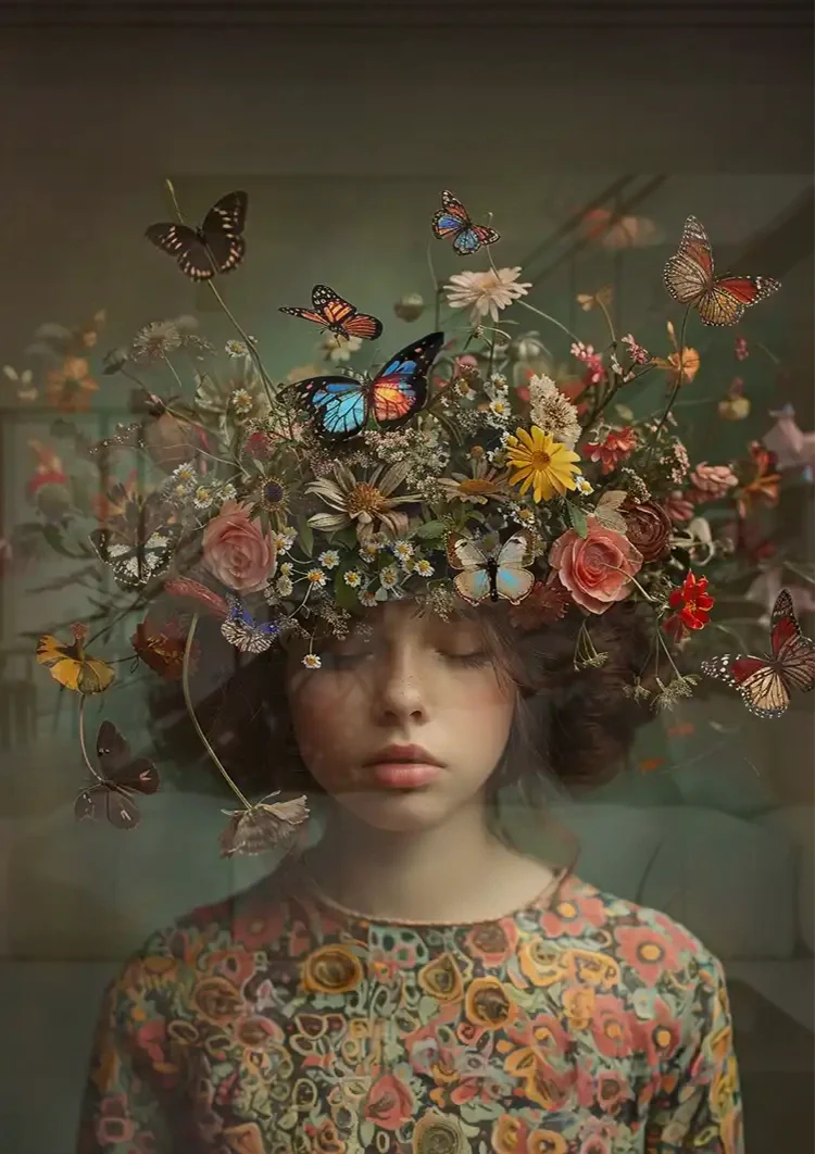 Girl with Flower Crown and Butterflies Dreamy Nature Portrait Painting