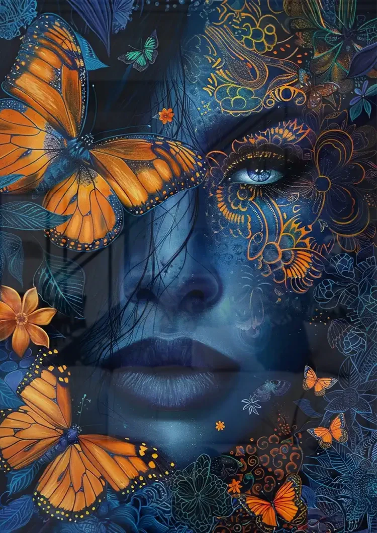 Woman Blue Skin Orange Butterflies Golden Ornament Mystical Painting