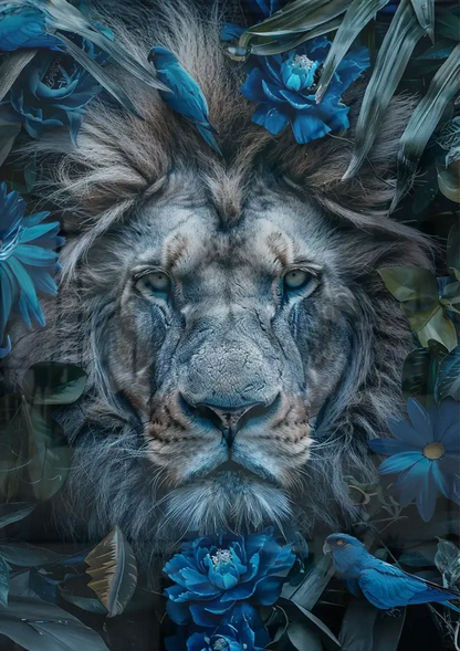 Majestueuze Leeuw Blauwe Bloemen Natuur Portret Schilderij