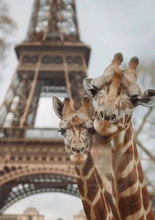 Twee Giraffen Eiffeltoren Parijs Speels Kleurrijk Schilderij