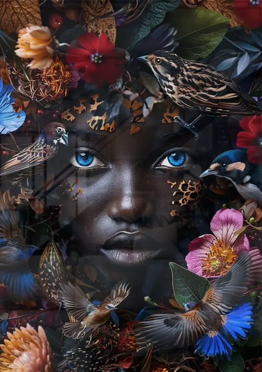 Blauwe ogen en bloemen portret canvas schilderij aan de muur boven het bed in de slaapkamer